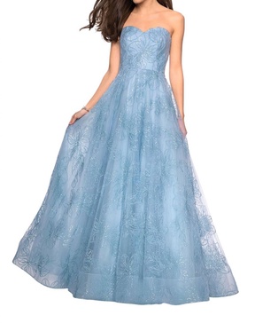 floor length strapless a-line gown in cloud blue