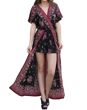 border & floral print maxi romper in black