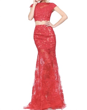 laced cap-sleeves prom dress in red