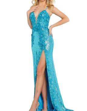 floral appliques backless dress in turqu
