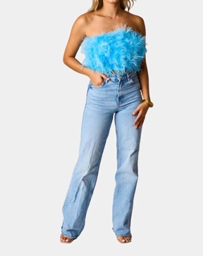 fancy strapless feather crop top in azure feather