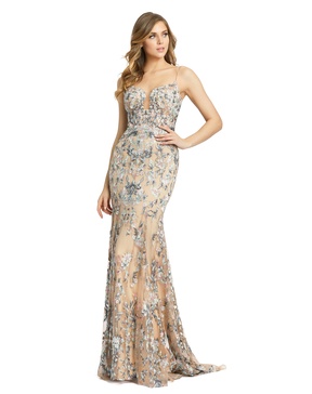 embroidered spaghetti strap trumpet gown