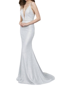 plunging v-neck prom dress in silver
