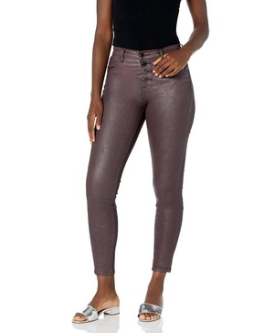 the great jones coated skinny jeans with exposed buttons in burgundy
