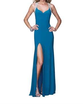 embroidered halter dress in teal