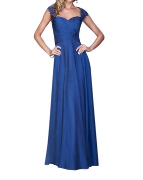 lace ornate ruched gown in marine blue
