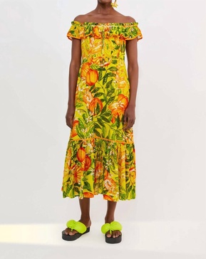 tangerines off the shoulder midi dress in yellow