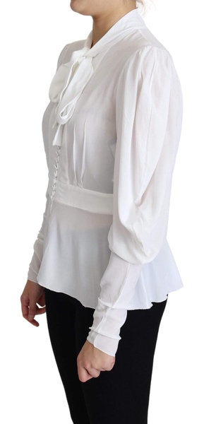 Sophisticated White Blouse with Ascot Collar and Lantern Sleeves