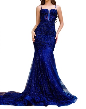 floral appliques mermaid dress in navy