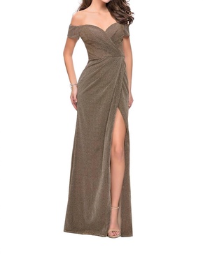 off the shoulder sparkling jersey dress in silver/gold