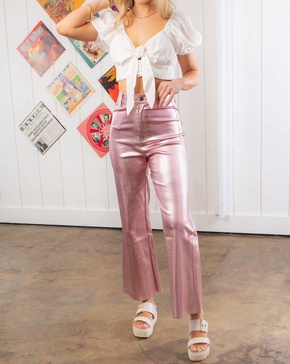 metallic wide leg pants in rose gold