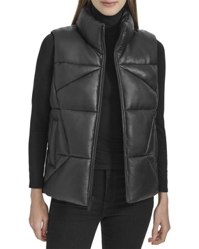 Andrew Marc Women's Puffer Faux Leather Zip Front Vest
