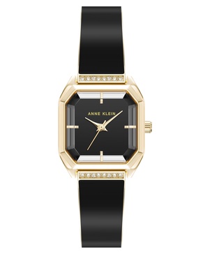 Women's Quartz Premium Crystal Black Enamel and Gold-Tone Alloy Metal Bangle Watch, 23mm