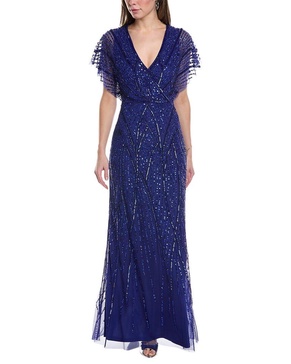 Adrianna Papell Women's V-Neck Allover Beaded Mesh Overlay Gown