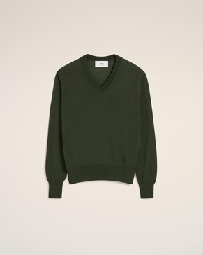 Green Wool Tonal V Neck Sweater