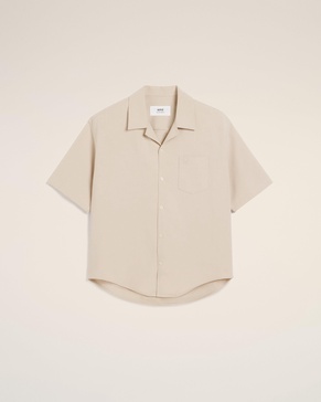 Beige Cotton Camp Collar Short Sleeves Shirt