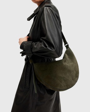 AllSaints suede half moon shoulder bag in green