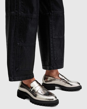 AllSaints Lola leather loafers in gunmetal