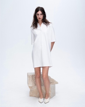 Heavyweight Jersey Mixed Media Short Sleeve Polo Dress Vintage Wash - White