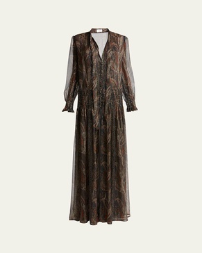 Paisley Sheer Smocked Tie-Neck Gown