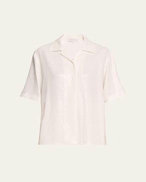 Sequined Short Sleeve Button Up Top