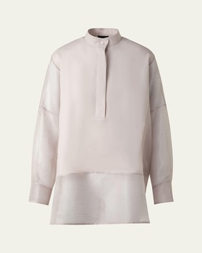 Mixed-Media Linen Toile Striped Organza Tunic Blouse