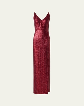 V-Neck Stretch Paillette Jersey Slit Gown