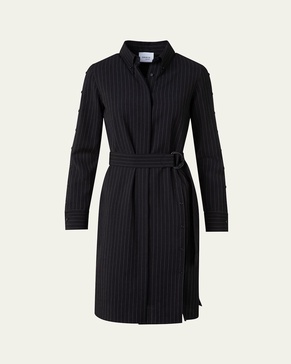Pinstripe Belted Wool Shirt Dress