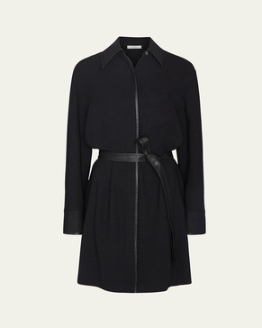 Leather-Trim Belted Knee-Length Shirtdress