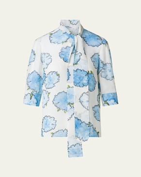 Tie-Neck Carnation Print Silk Chiffon Blouse