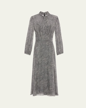 Drape Neck Printed Silk Jacquard Dress