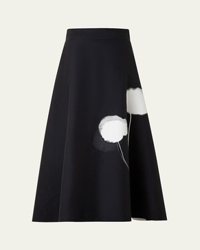 Windflower-Print Cotton Silk A-Line Midi Skirt