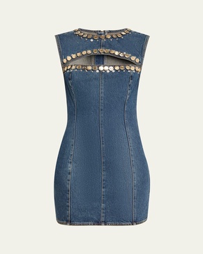 Crystal Button Studded Slit Denim Mini Dress
