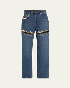 Crystal Button Studded Slit Straight-Leg Jeans