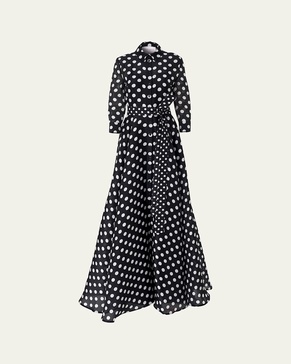 Polka-Dot Silk 3/4-Sleeve Trench Gown