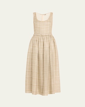 Raw Edge Belted Midi Linen Dress