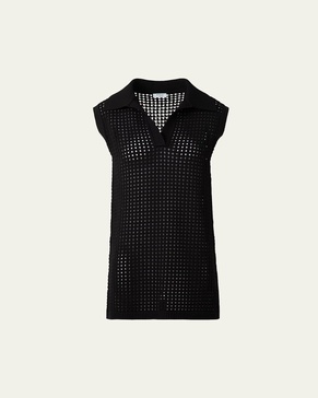 Long Chunky Mesh Knit Polo Top