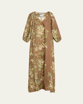 Puff-Sleeve Printed Linen Maxi Dress