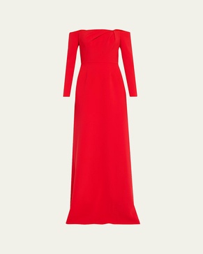 Draped Long-Sleeve Off-The-Shoulder Trumpet Gown