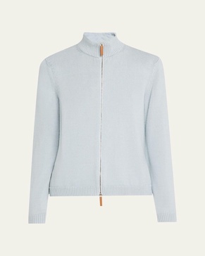Cotton-Silk Tape Fitted Bomber Sweater