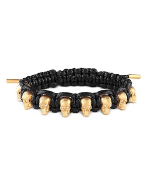 Gold-Tone IP Stainless Steel 3D $kull Black Cord Slider Bracelet