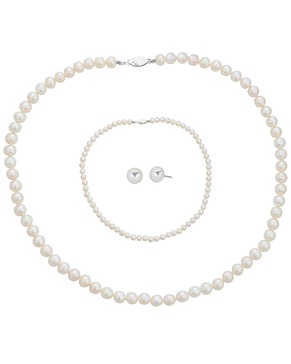 BELPEARL Silver 6-7mm Freshwater Pearl Necklace, Earrings, & Bracelet Set
