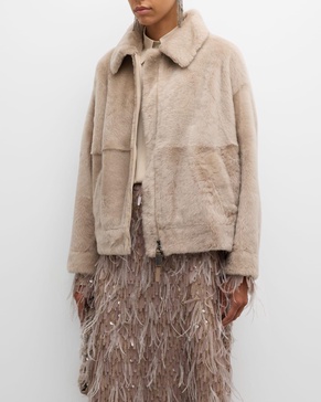 Shearling Velour Shirt Jacket With Monili Trim