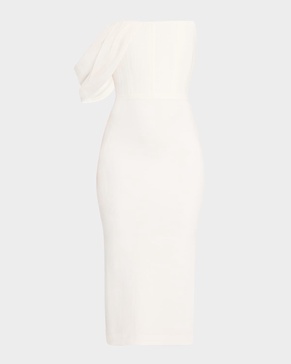 Draped-Sleeve Corset Crepe Midi Dress