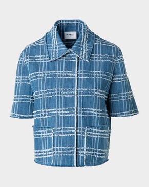 Fringed Check Denim Short-Sleeve Shirt Jacket