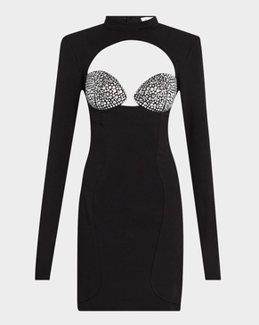 Crystal Bustier Cutout Long-Sleeve Mini Dress