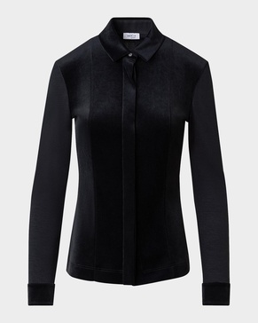 Mixed-Media Velvet Long-Sleeve Blouse