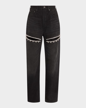 Crystal Cutout Slit Straight Leg Jeans