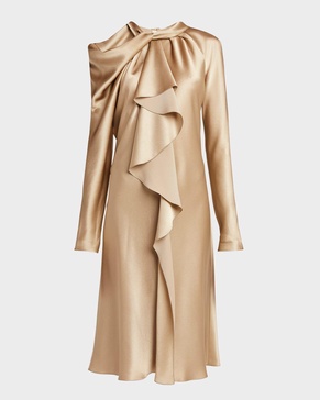 Draped Ruffle Satin Long-Sleeve Dress