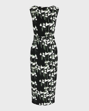 Flower-Print Boat-Neck Belted Midi Dress
